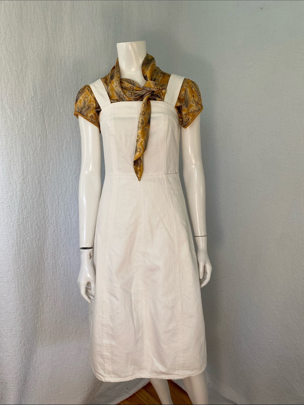 Free People Mustard Yellow Peacock-Print Tie-Neck Silk Blouse - Picture 7 of 13